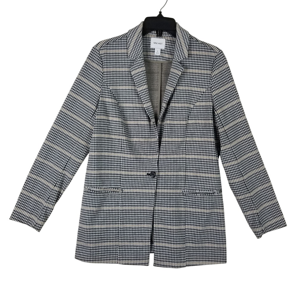 Nine West Blazer Womens Medium Black White Plaid Houndstooth Button Jacket
